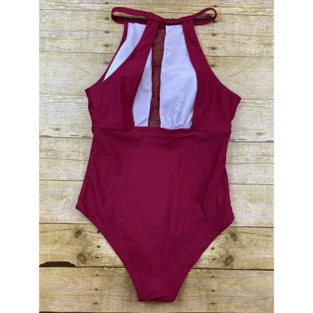 Women's High Cut One Piece Bathing Suit Dark Red Women's Size‎ Medium Halter
